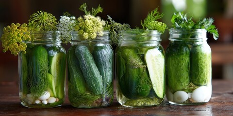 Jars of homemade pickled cucumbers – traditional fermented food in glass containers