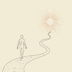 Abstract illustration of a person walking on a path toward sun  