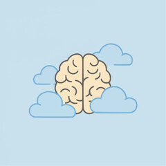 Brain illustration with clouds on light blue background  