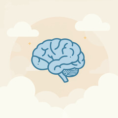 Brain illustration in soft colors with clouds in a calming background  
