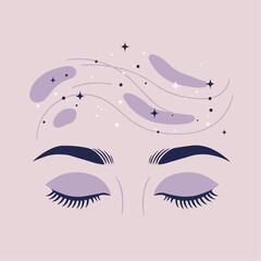 Abstract illustration of closed eyes with cosmic design elements  