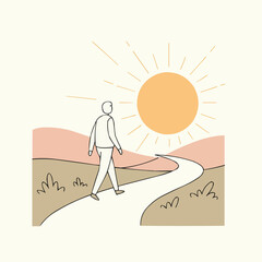 Person walking on winding path under sunshine in natural landscape  