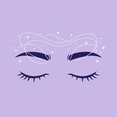 Closed eyes with elegant eyebrows and sparkling stars on purple background  