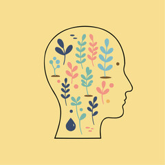 Abstract illustration of human head filled with plants and flowers  