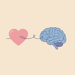 Brain connected to heart with thread on soft background  