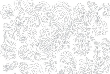 A black and white line drawing of various paisley and floral designs on a white background