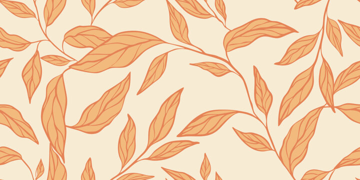Autumn seamless pattern with hand drawn botanical branches in warm orange tones on beige background