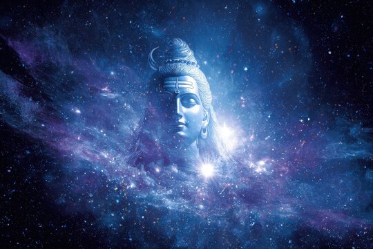 Lord Shiva embodies transcendental spirituality amidst the vast cosmic expanse, radiating serene energy and divine presence within a mystical universe