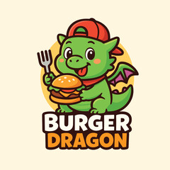 Burger Dragon - Cute Cartoon Dragon with a Hamburger Mascot Logo Design Illustration 