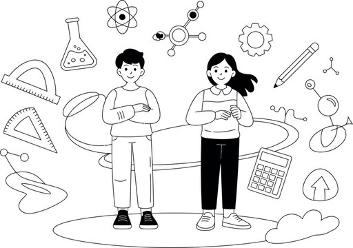 Illustration of a boy and girl surrounded by science and math related symbols in black and white