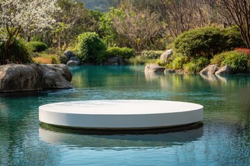 Fototapeta premium Circular platform on serene water surrounded by lush greenery showcases simplicity and elegance for product display