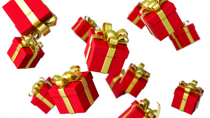Multiple red gift boxes with shiny golden ribbons are suspended in mid-air on a plain white background, adding a cheerful and celebratory touch suitable for various occasions