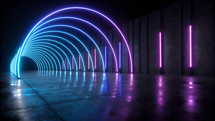 Futuristic Neon Sci-Fi Scene with Blue and Purple Light Shapes on Reflective Surface – 3D Render

