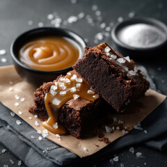 Salted caramel brownies with rich chocolate, flaky sea salt, and smooth caramel sauce on parchment evoke indulgence and delight