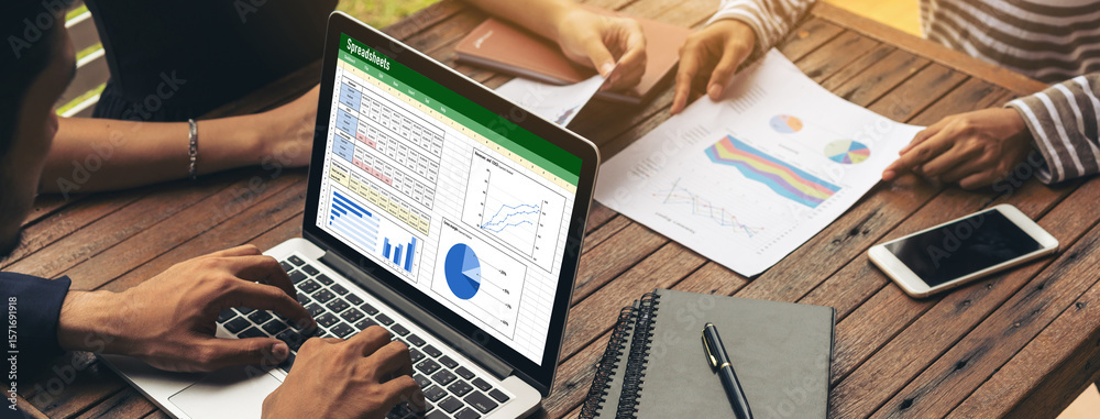 Poster spreadsheet document information financial startup concept. data and graphs in spreadsheet documents