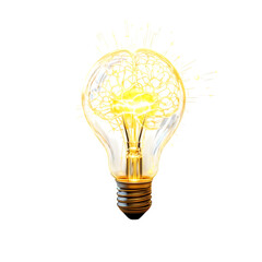 A brilliant lightbulb with a visible brain inside, radiating light and sparks, symbolizes a bright idea and innovative thinking isolated on transparent background