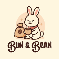 Bun & Bean - Adorable Bunny Enjoying Coffee and Bean Bag Logo Mascot Design Illustration