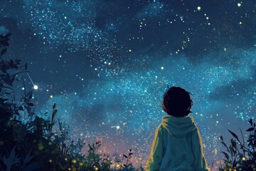 Boy gazing at a starry night sky while standing on a grassy hill under a blanket of twinkling stars and cosmic beauty