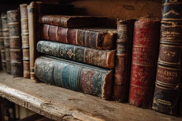 Collection of antique books lined on a weathered wooden shelf in a vintage library showcasing literary history and timeless knowledge