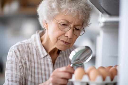 senior woman looking at the egg carton through magnifying glass trying to find expiration date