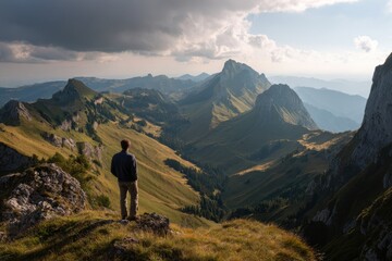 Obraz premium Exploring breathtaking mountain landscapes at sunset, taking in the expansive views from a high vantage point in the Alps