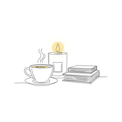 Cozy cup of coffee with a lit candle and stacked books on table  