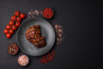 Meat, juicy beef steak grilled cooked to perfection for lunch. Barbecued steak