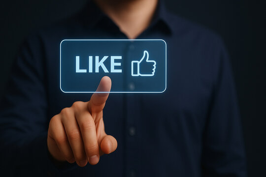 Man Pressing Glowing Like Button with Finger in Dark Background for Social Media Engagement and User Interaction Concept Design - Powered by Adobe