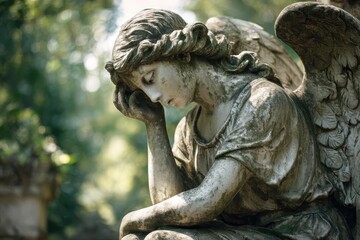 Obraz premium Sculpture of an angel in a serene park setting reflecting on the passage of time, surrounded by greenery and soft light during early morning