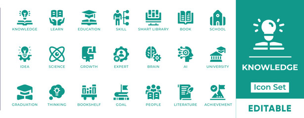 Knowledge Icon Set. Includes icons of books, learning, brain, education, ideas, and skills. Perfect for e-learning, academic, training, and personal development projects.