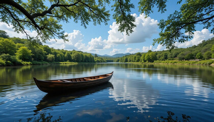 Obraz premium Peaceful Wooden Boat Resting on a Calm Blue Lake, Surrounded by Lush Green Forested Mountains and Reflecting a Bright Blue Sky with Fluffy White Clouds, Ideal for Nature and Tranquility Concepts