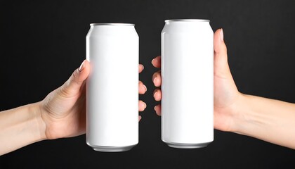 Two White Aluminum Cans Clinking in Hands (Angle 1)