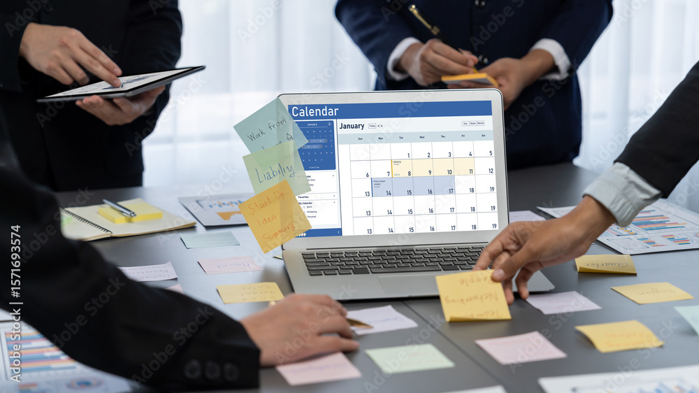 Poster analyst team use sticky note for creative and analytic brainstorm for business idea with bi data das