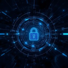Fototapeta premium Digital lock icon surrounded by glowing data rings on a dark tech background, symbolizing cybersecurity, encryption, and AI-powered protection in a clean, futuristic, and upscale abstract scene.