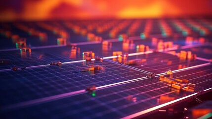 A football field and ball with an abstract blue digital circuit board and mixing equipment for electronic music and audio recording industry technology