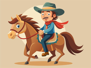 Classic hand-drawn cartoon cowboy wearing oversized hat and boots riding horse through desert