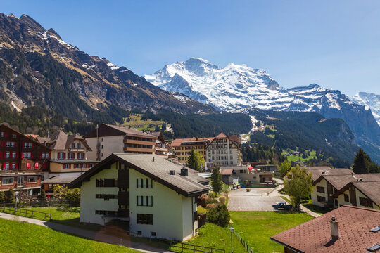 View of alpine Wengen village in Bernese Oberland, Switzerland