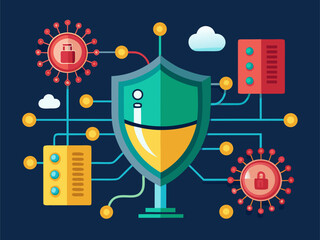 Data flow under threat from malware being scanned and blocked by digital shield