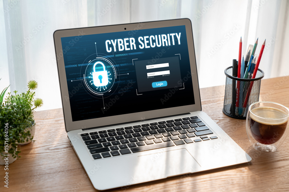Poster cyber security system on computer screen protect private information snugly from hacker and cyber at