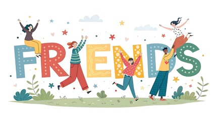 Obraz premium Diverse group of friends celebrating together with large colorful letters spelling out friends isolated on white background