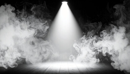 Spotlight is illuminating wooden floor and swirling smoke in dark room