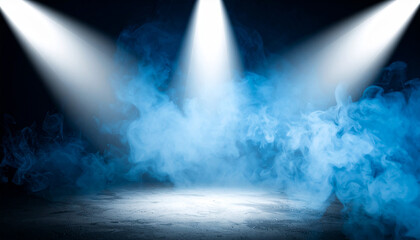 Three spotlights illuminating blue smoke over dark concrete floor