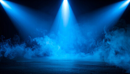 Three spotlights illuminating blue smoke over dark concrete floor