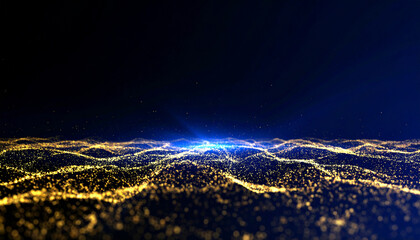 Golden particles forming wavy surface with blue light shining from below