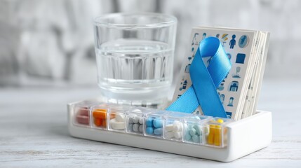 Prostate cancer awareness concept with blue ribbon and medication organizer