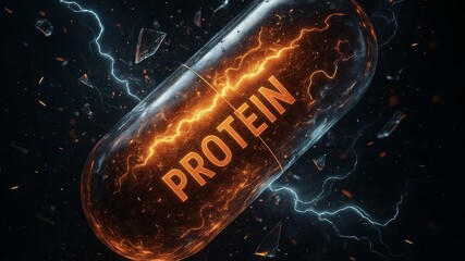 A pill with the word protein on it. The pill is surrounded by sparks and fire. The image has a mood of excitement and energy