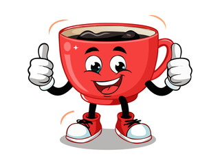 Red coffee cup mascot with arms and sneakers giving thumbs up in fun style
