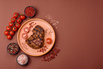 Meat, juicy beef steak grilled cooked to perfection for lunch. Barbecued steak