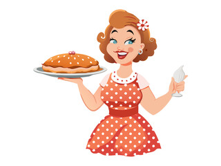 Retro 1950s cartoon housewife holding freshly baked pie wearing red polka dot dress