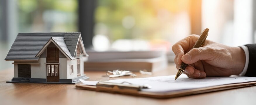 The model house and hand signing a real estate contract on a desk.